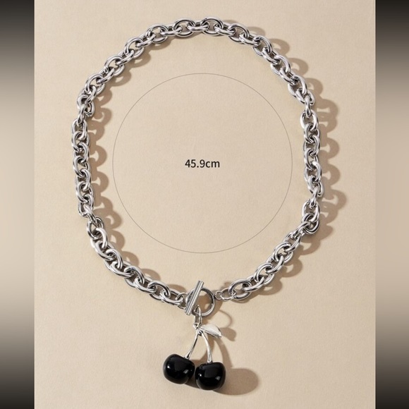 Y2K Gothic Halloween Black Cherry Silver Tone Chain Link Choker Necklace - Picture 5 of 8